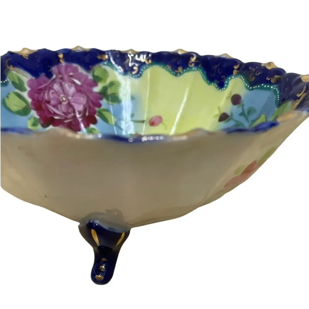Vintage Hand Painted Floral Footed Bowl Scallop Blue Gold Rim Good Condition